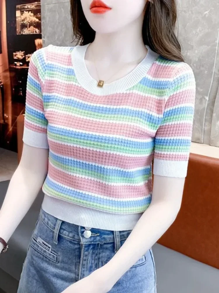 Trend Versatile Summer T-Shirts Women O-Neck Striped Ice Silk Patchwork Fashion Casual Short Sleeve Slim Knit Tops
