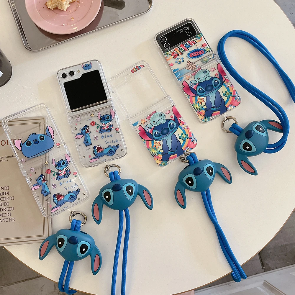 Cute Disney Stitch with Silicone Lanyard Clear Phone Case for Samsung Galaxy Z Flip 3 4 5 5G PC Hard Anti-drop Back Cover Funda