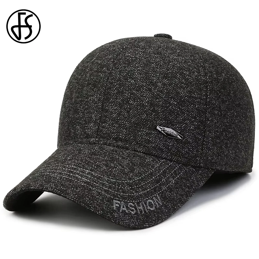 

FS Black Winter Warm Baseball Cap For Men Plus Plush Women Hats With Earflaps Cotton Outdoor Windproof Golf Hat Bone Masculino