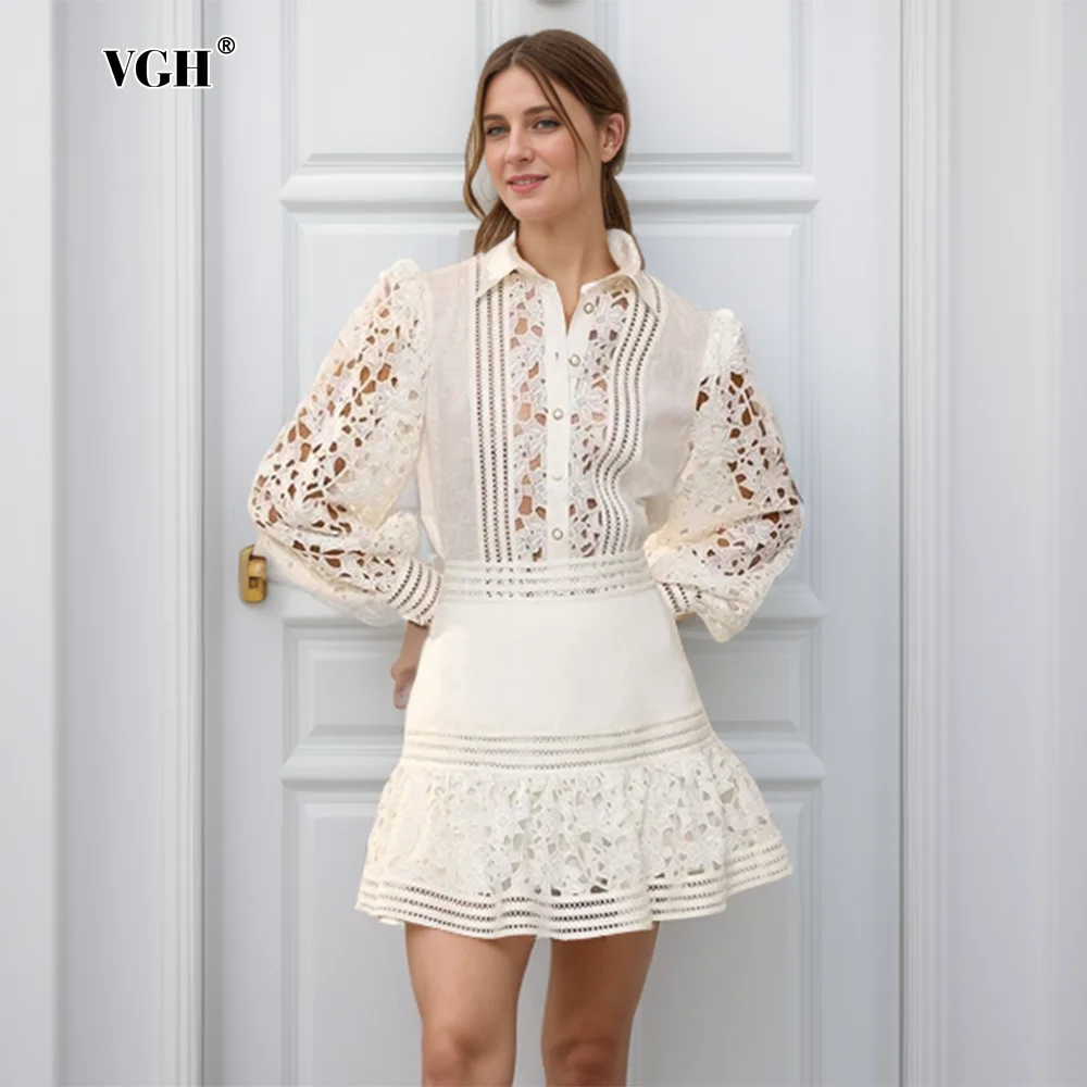 VGH Hollow Out Embroidery Two Piece Sets For Women Lapel Long Sleeve Shirts High Waist A Line Skirts Solid Slim Set Female New