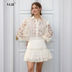 VGH Hollow Out Embroidery Two Piece Sets For Women Lapel Long Sleeve Shirts High Waist A Line Skirts Solid Slim Set Female New