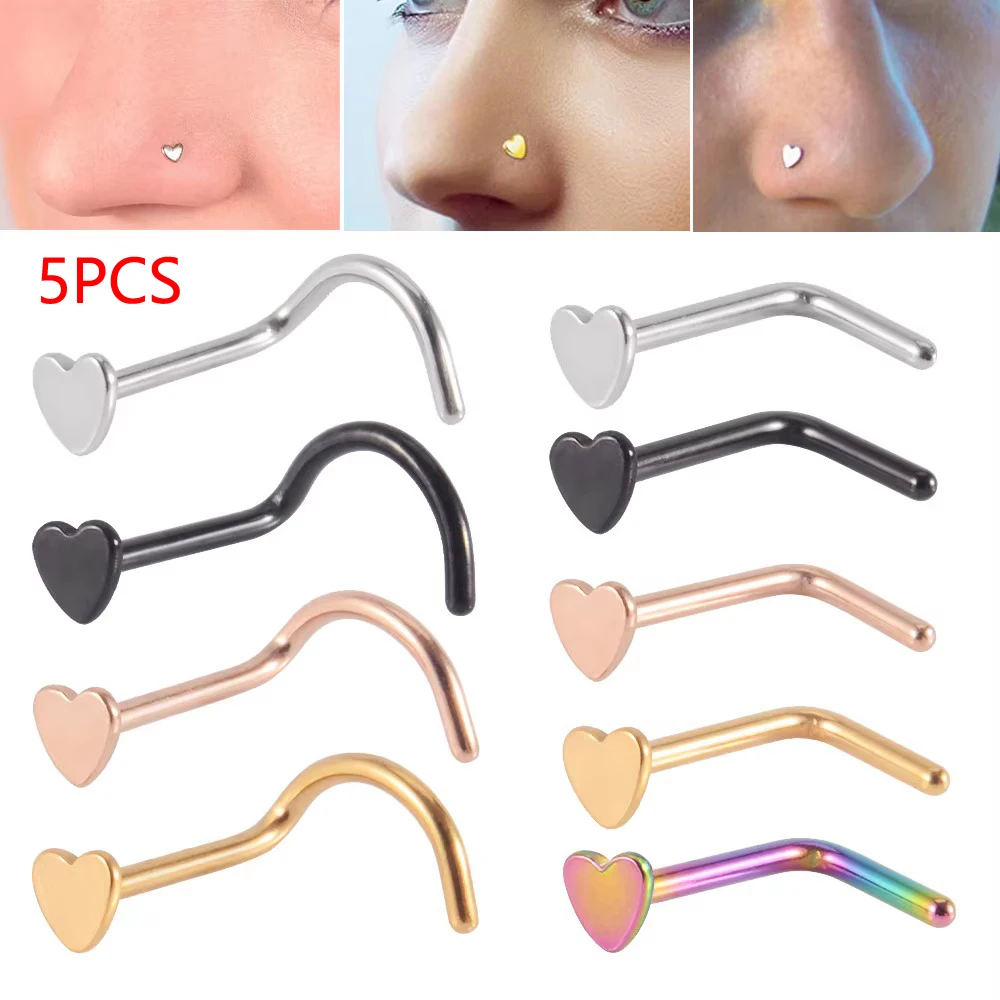 5PCS/Lot 316L Surgical Steel L Shape Nose Bone Ring Heart Top Screw Nose Piercing Retainer Holder Nazir Stud Body Jewelry 20g
