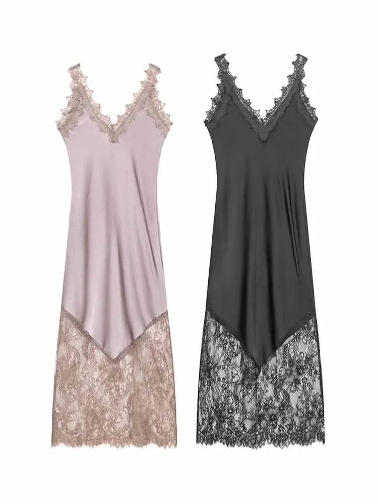 

HH Woman Summer Fashion V Collar Elegant Lace Decoration Satin Party Dress Female Temperament Casual Sexy Slim Sleeveless Dress