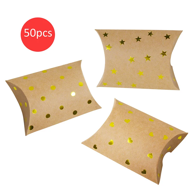 50Pcs Kraft Paper Gilded Pillow Candy Box Retro Wedding Favors Gift Packaging Boxes Crafts Christmas Birthday Party Decoration