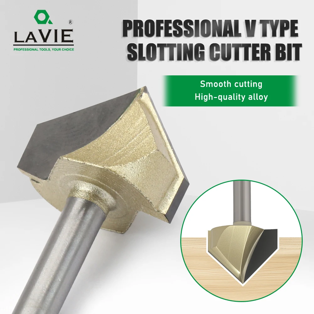 LAVIE 1pc 1/4 Shank Professional V-Groove Router Bit Carbide Woodworking Milling Cutter For Grooving & Chamfering (19.05-25.4mm)