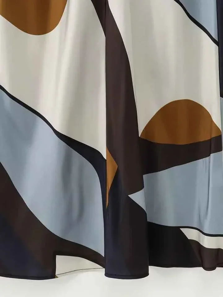 ヨーロッパ風の新しいレディースファッション、万能で上品なサテン生地プリントの半袖ミディ丈ワンピース