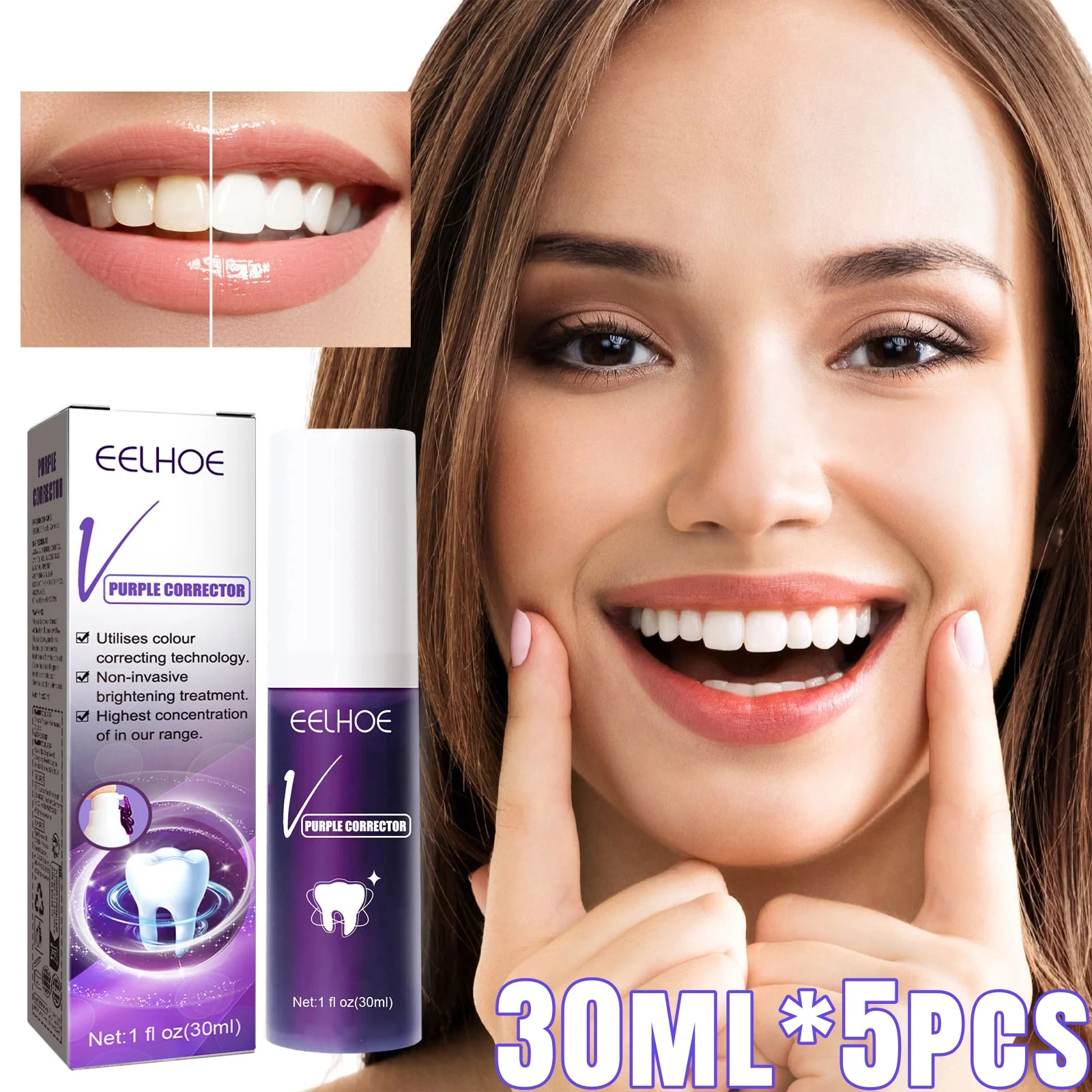 5 uds 30ml pasta de dientes púrpura elimina el sarro limpia la higiene bucal refresca el aliento blanqueamiento producto para el cuidado de los dientes reduce el amarillento