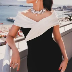 Elegant Classic Black White Contrast Evening Dresses Floor Length Off Shoulder Sleeveless Prom فساتين سهرة Vestidos De Noche