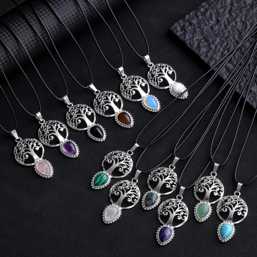 

10pcs Metal Tree of Life Pendant Necklace Natural Stone Amethyst Rose Quartz Crystal Waterdrop Opal Charms Necklaes Jewelry Gift