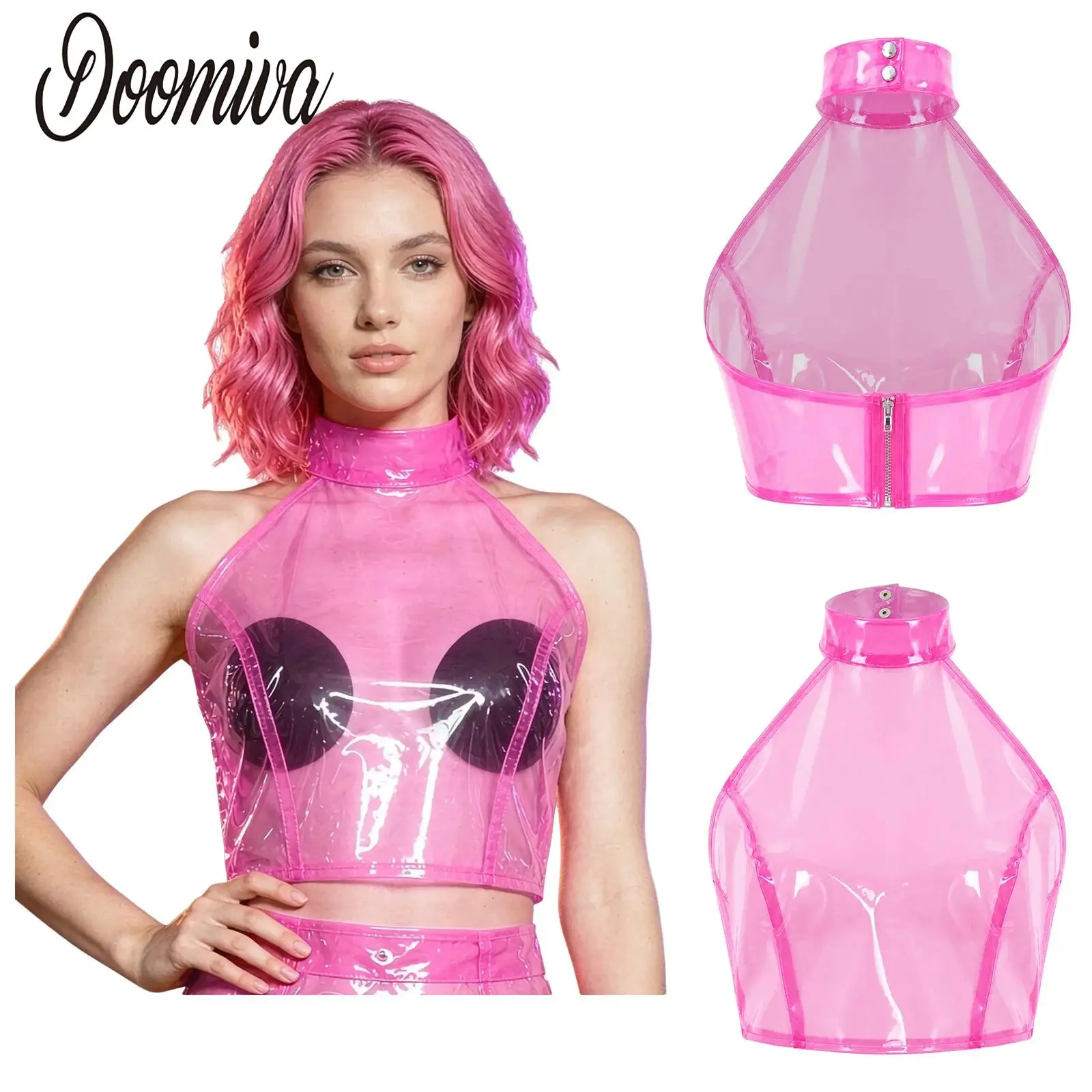 Women See Through Transparent Crop Tops Clubwear Halter Sleeveless Backless Vest Top for Rave Pool Party Music Festival Concert