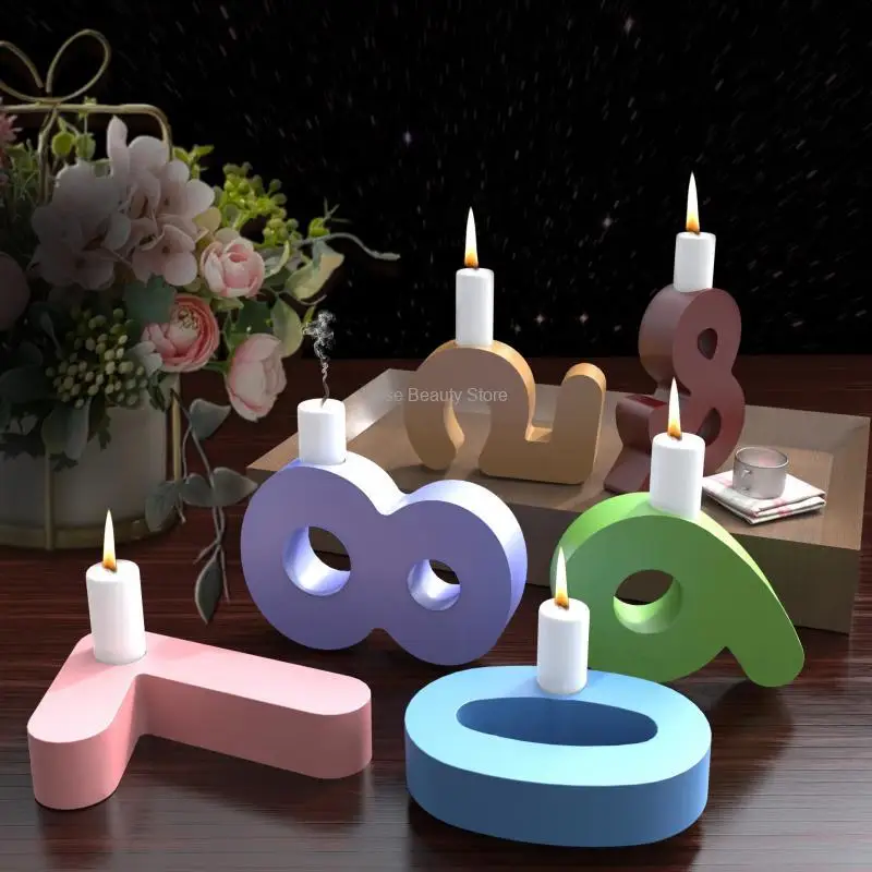 Big 0-9 Geometric Digital Candlestick Epoxy Resin Silicone Mold Arabic Number Candle Bracket Gypsum Mold Home Decor Candlestick