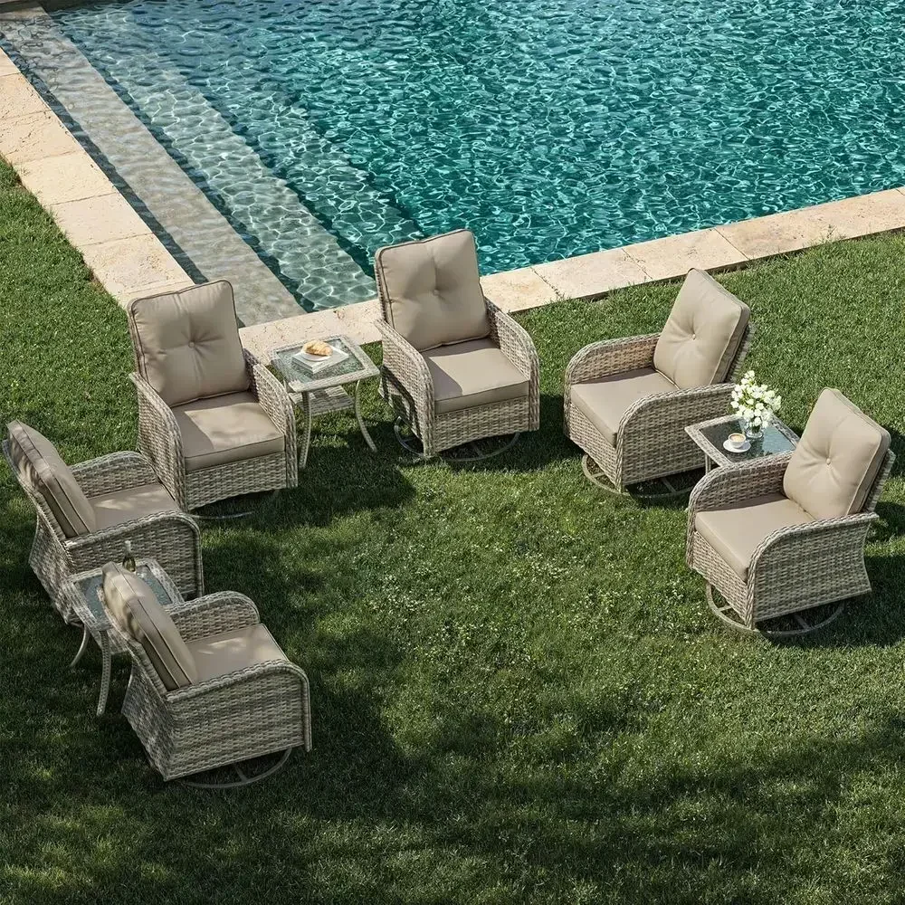 9-Piece Patio Rocking Swivel Chair Outdoor Wicker Rattan Bistro Set with Tempered Glass Side Table, Outdoor Patio urniture Set o