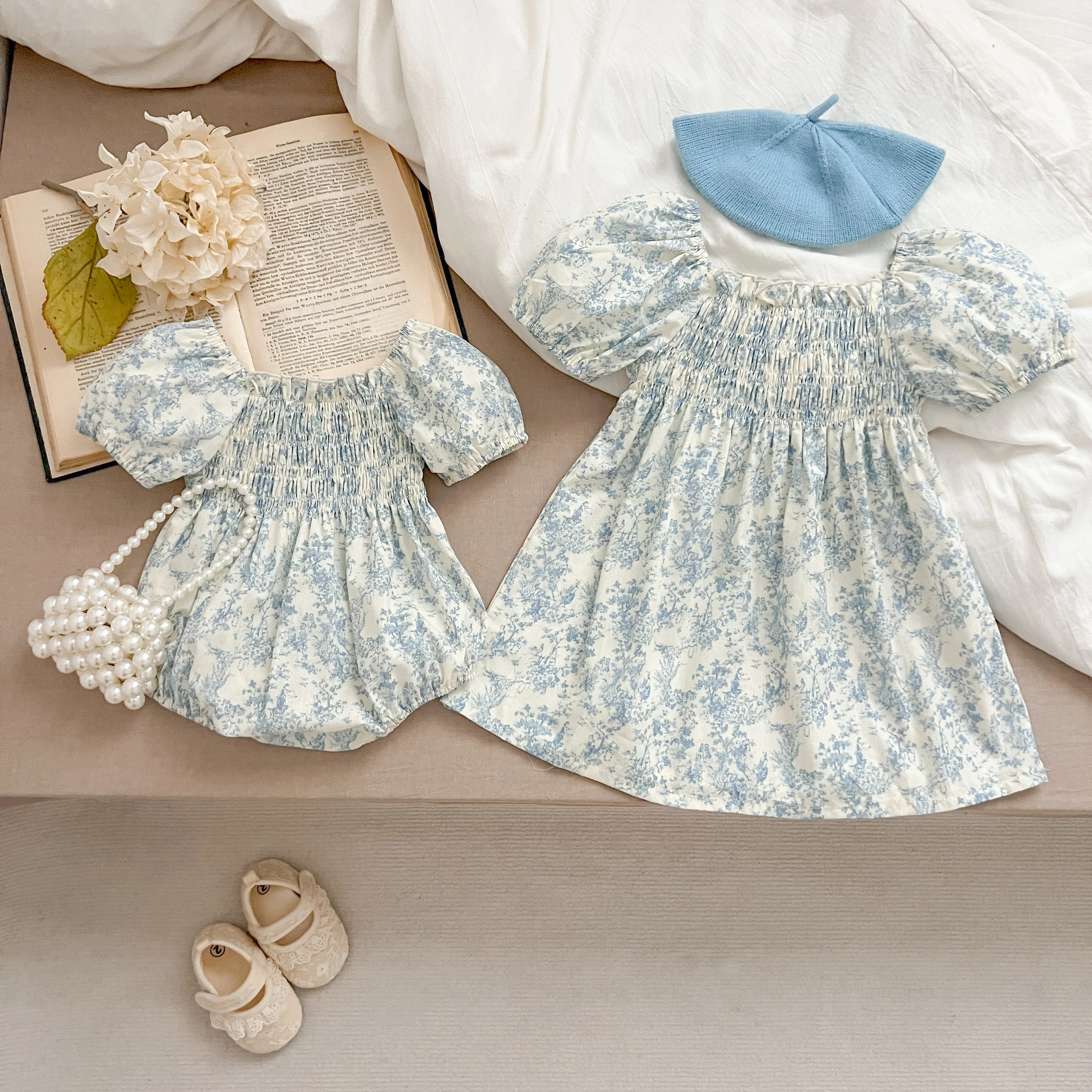 Sommer Schwester Kleid Infant Neugeborenes Baby Mädchen Kleidung Schwester Weibliche Baby Kleine Gebrochene Blaue Blume Kurzarm Strampler Kleidung ﻿ – Detail 28