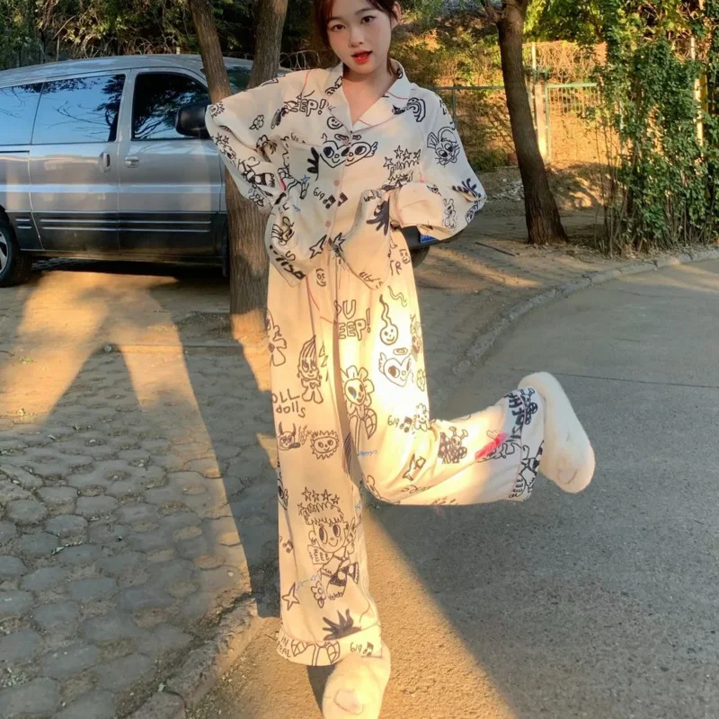 Y2k Cute Long Sleeve Pajamas Women New Two Peice Set Kawaii Cartoon Graffiti Graphic Home Wear Pjs Nightwears Ladies Sleepwear