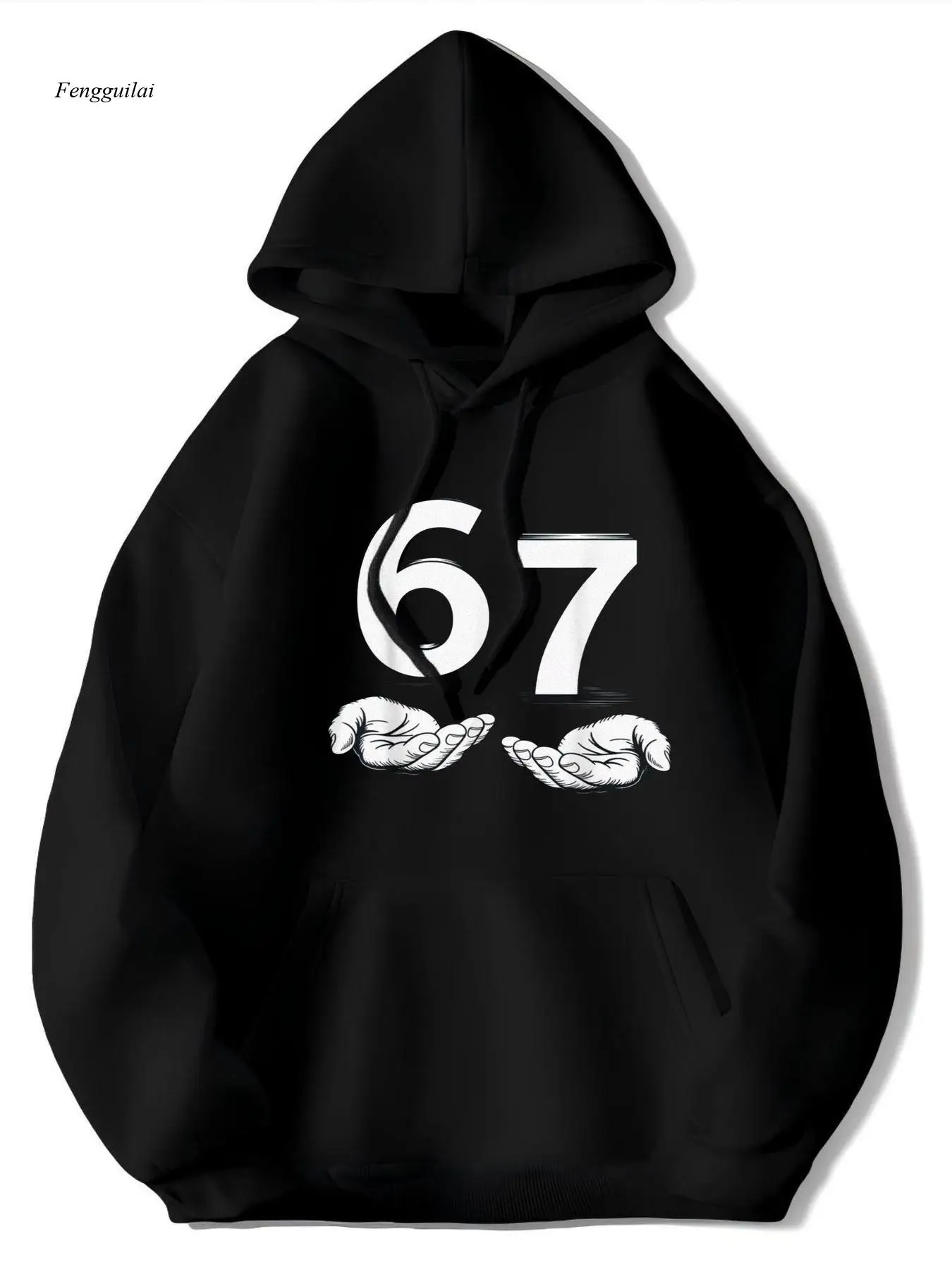 흰색 '67' 그래픽과 만화 손 모양이 있는 검은색 후드티 - 캐주얼 스트리트웨어 풀오버 스웨트셔츠, 조절 가능한 드로스트링