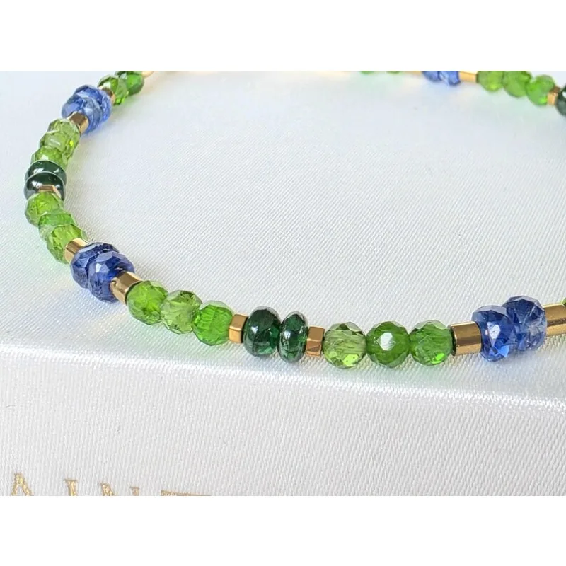 Chrome diopside, tsavorite and kyanite beaded bracelets, green and blue beaded bracelets