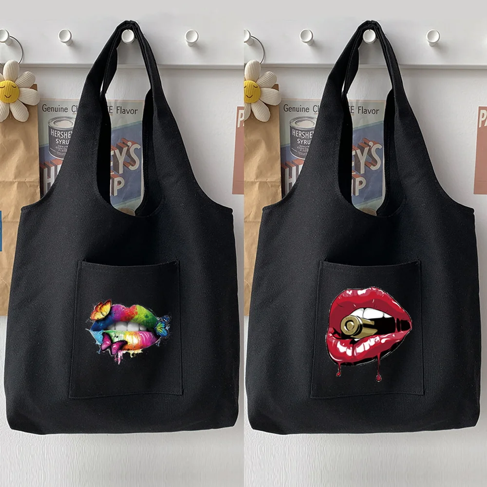 Woman Bag Casual Shoulder Bag Commuter Shopping Handbag Europe and The United States Sexy Lips Pattern Printing Student Black