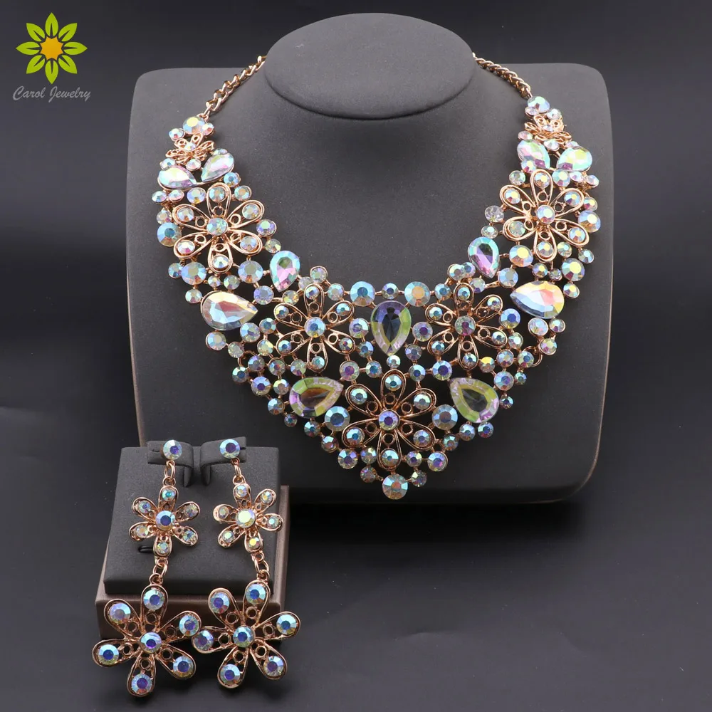 موضة AB اللون كريستال طقم مجوهرات الزفاف قلادة طقم أقراط حفل زفاف مجوهرات زي مجوهرات زينة بالجملة #1