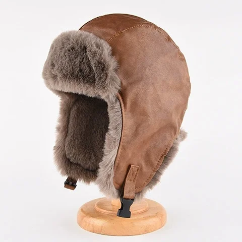 Vintage Leather Hat for Men and Women: Winter Pilot-Style, Fleece-Lined, Thick, Warm, Ski Hat with Ear Flaps