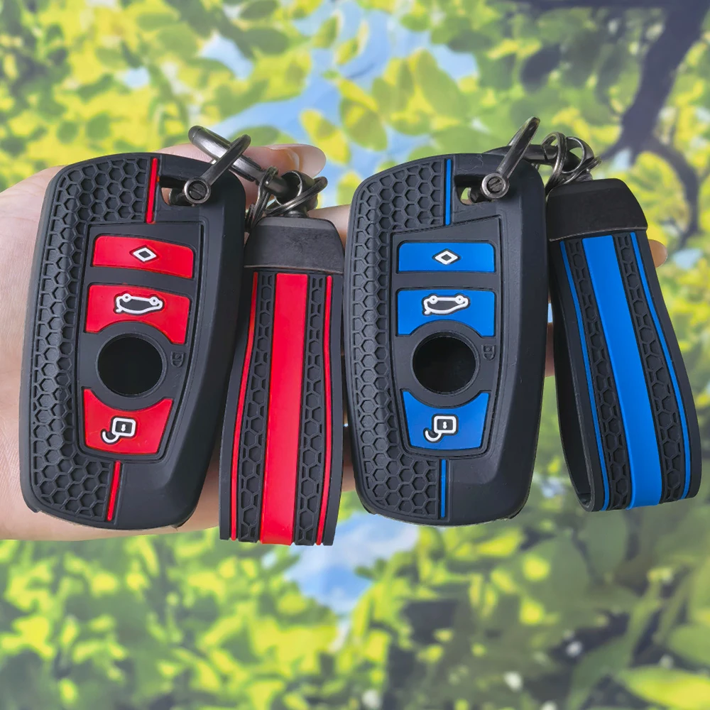 Racing Red Blue Honeycomb Silicone Key Shell With Keychain For BMW F30 F32 F34 F20 F21 1 3 5 7 Series X1 X4 X5 M3