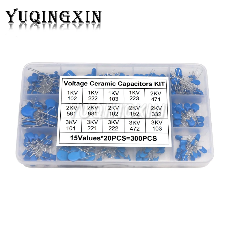 300pcs High Voltage Ceramic Capacitor Assorted Kit 1KV 2KV 3KV Capacitance Set with Box 15Values*20pcs 1nF 2.2nF 10nF 22nF