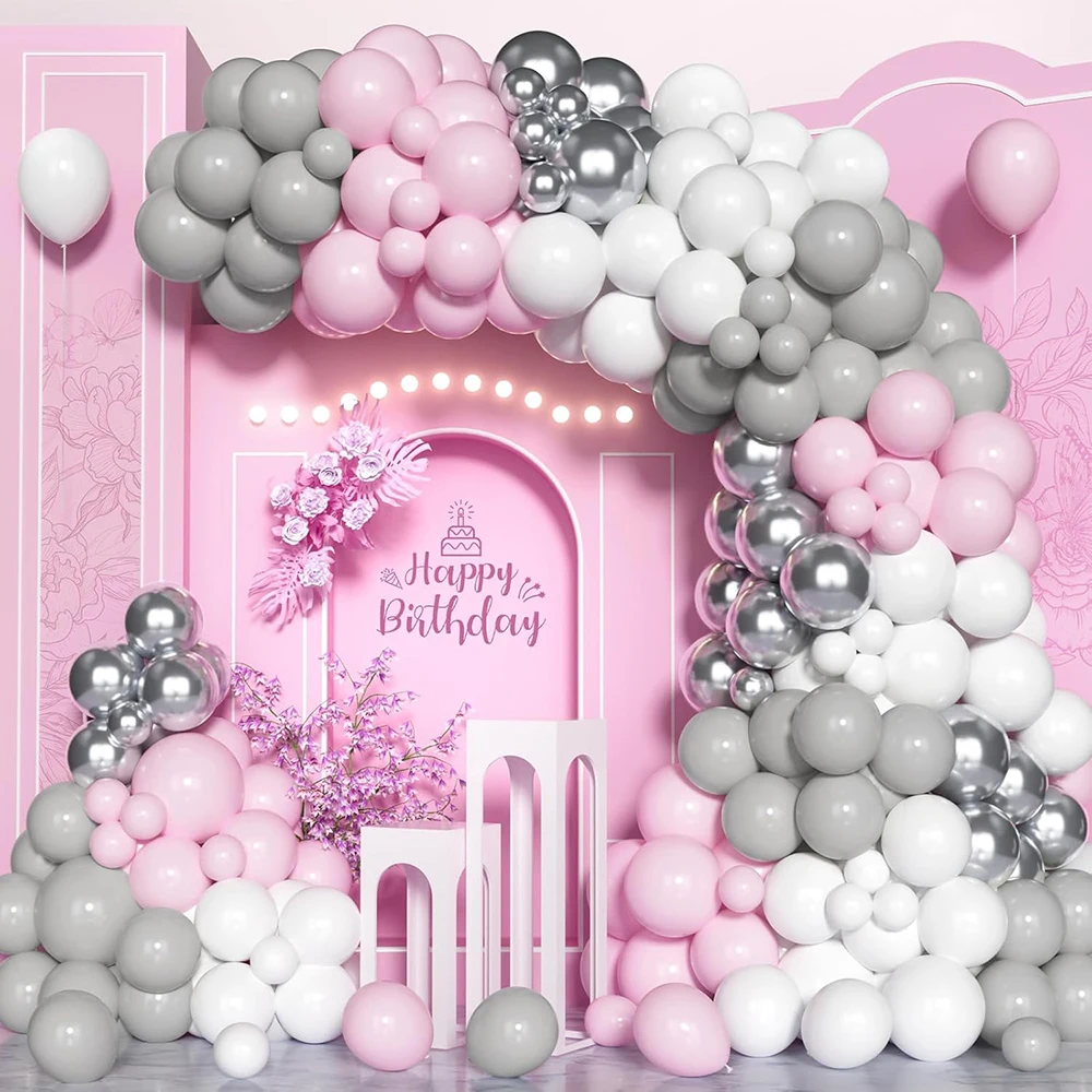 Guirnalda de Globos Pastel, rosa y gris, Kit de arco de Globos blanco y plateado, fiesta de cumpleaños, Baby Shower, decoración de revelación de género, 154 Uds.