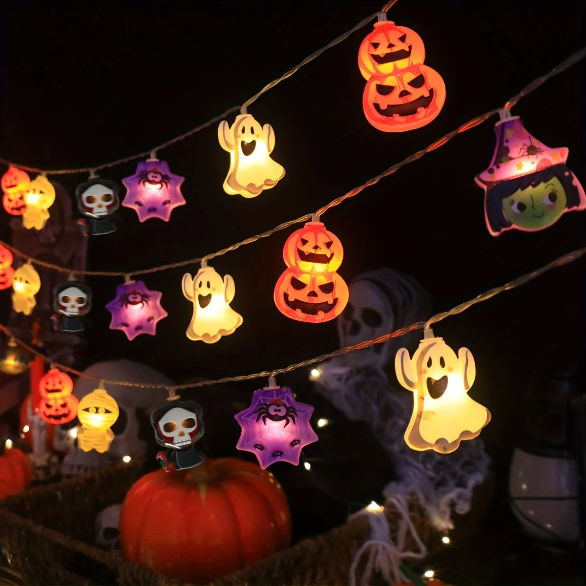 Halloween Mixed Pattern LED String Lights Pumpkin Ghost Skull Spider Witch Warm Fairy Lights Indoor Window Party Home Decor Lamp