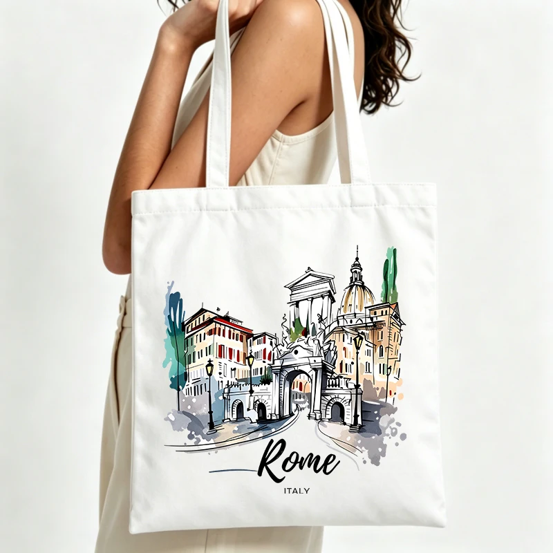 Rome cityscape print canvas tote bag, artistic design for casual daily use and summer outings