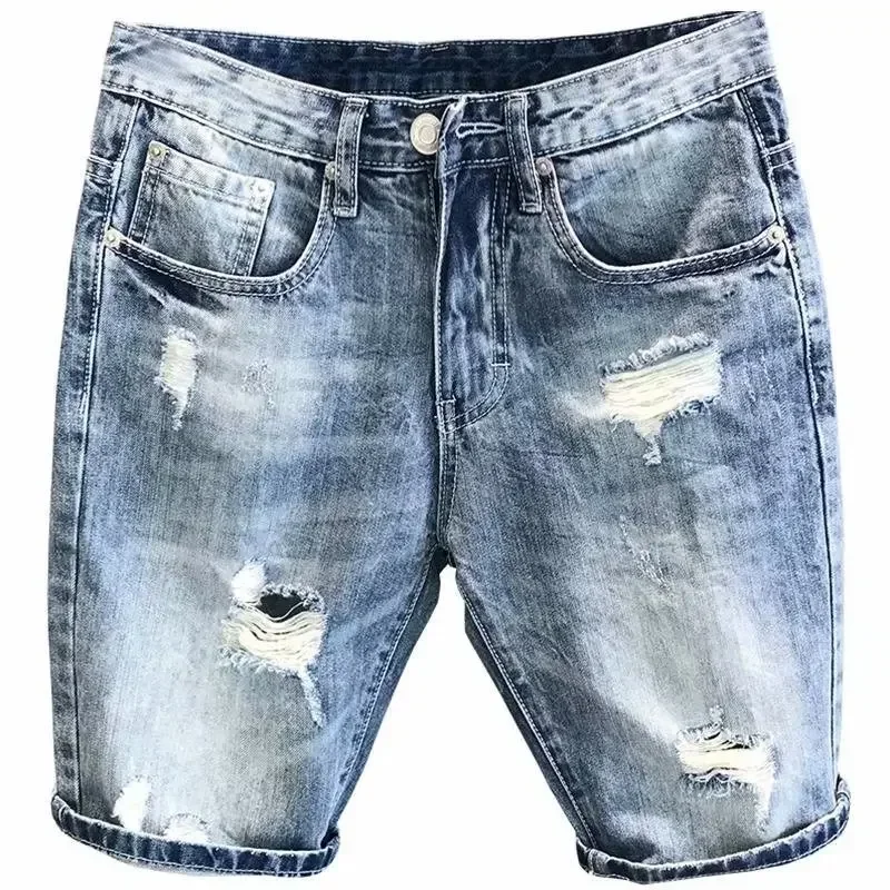 New tide ripped denim shorts men's summer Korean version trend social spirit guy handsome ins five-point pants medium pants