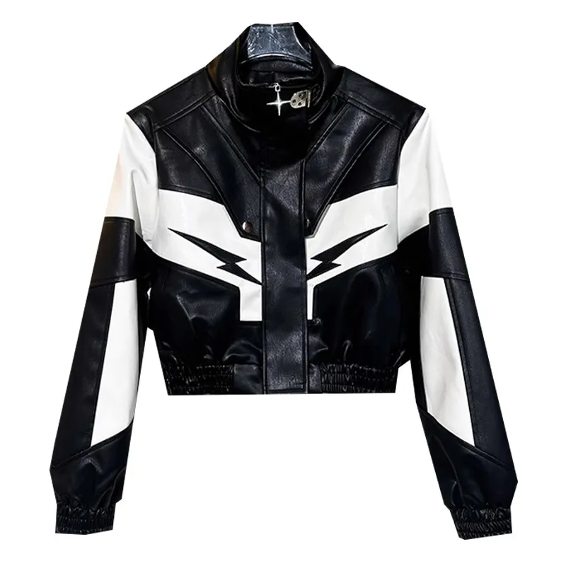 Chaqueta de cuero PU empalmado con cuello levantado para mujer, abrigo corto de motocicleta con cremallera bordada, textura suave de cuero de imitación, moda