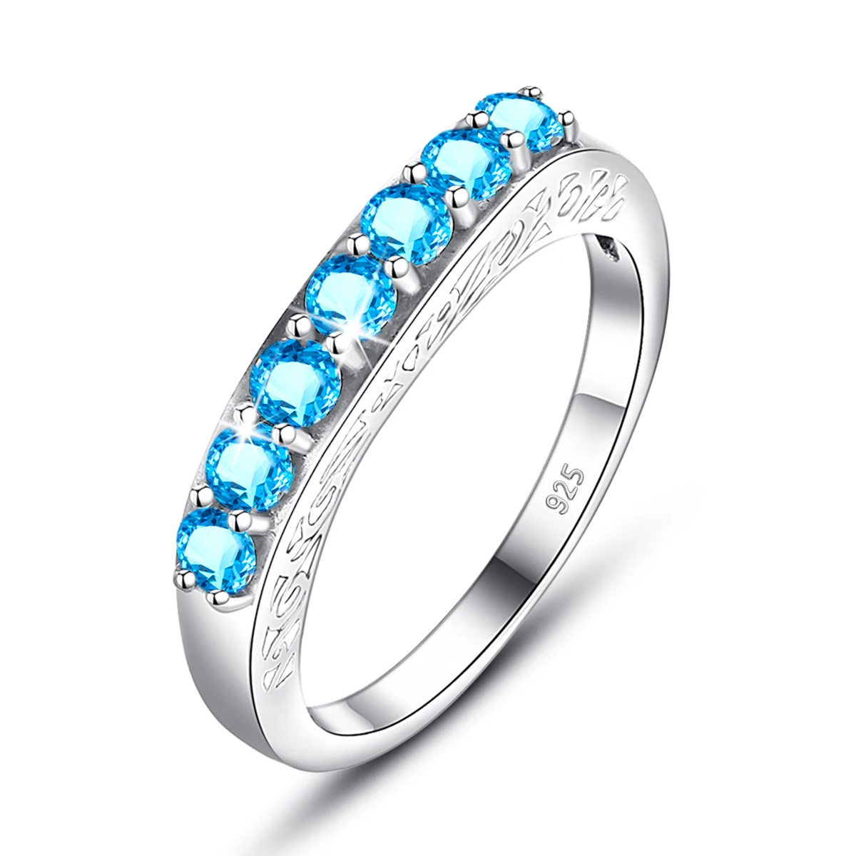 925 Sterling Silver Ring Natural Blue Topaz 7 Stones Half Eternity Band Stackable Wedding Engagement Ring for Women Fine Jewelry