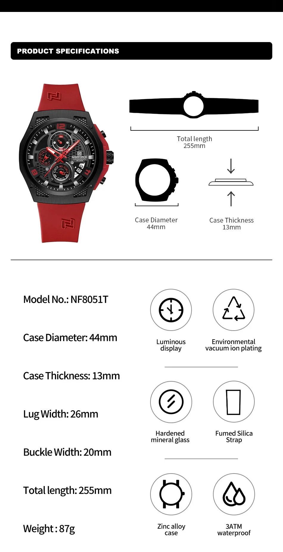 NAVIFORCE NF8051T Men Watches Silicone Band Military Waterproof Sport Leisure Calendar Chronograph Quartz Wristwatch