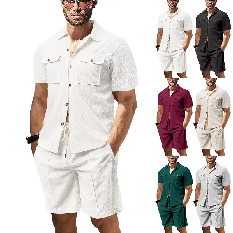 

Summer Men's Color Pocket Shirt Short Sleeve Youth Two-Piece Set Casual Fashion Cross-Border Short Pants Ensemble