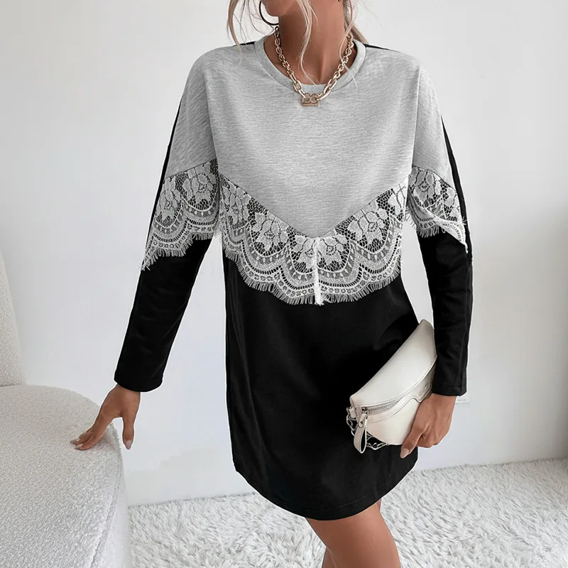 

2025 Autumn New Casual Style Dress Loose Round Neck Long Sleeve Color Blocked Bathroom Dress
