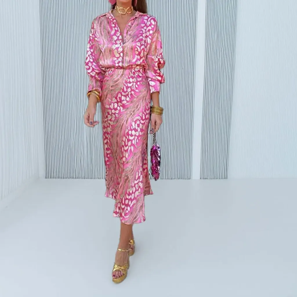 

New Autumn Elegant V-neck Long Sleeve Printed Casual Suit European And American Style Women's Fashion Waist Emphasis Set