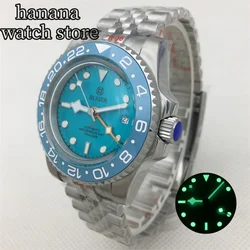 40mm sky blue luminous dial NH34 GMT automatic Men's watch arch glass ceramic bezel Date window