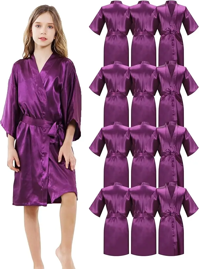 

12 Pieces Girls Kids Silky Satin Solid Color Short Kimono Robes for Wedding Birthday Party Spa