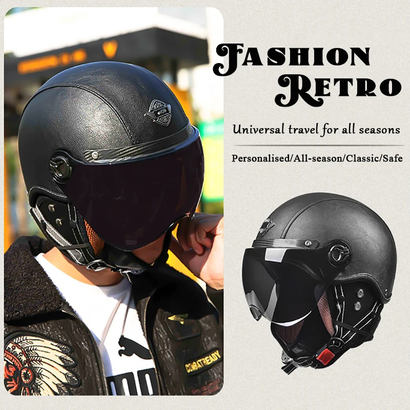 AD Retro Motorcycle Helmets with Harley Visor Leather Helmet for Man Electric Motorbike Vintage Protected Motor Safety Cap