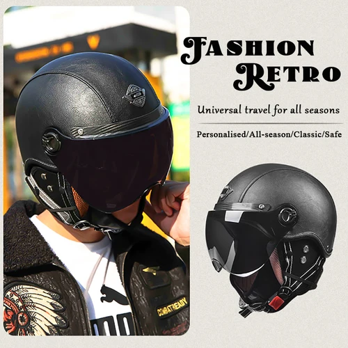 Imagen 2 del producto AD-cascos de motocicleta Retro con visera Harley para hombre, casco de cuero para motocicleta eléctrica, gorra de seguridad de Motor protegida Vintage
