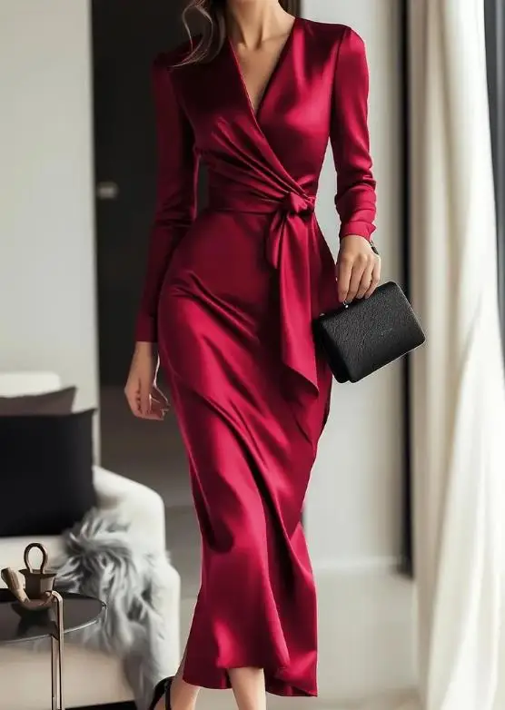 

2025 Autumn/Winter New Women's Fashion Style Elegant Hepburn Style Long Sleeve Lace Waist Dress Women's Wear