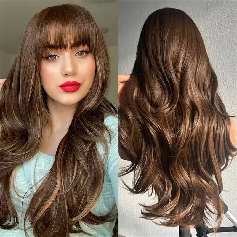 Ombre Brown Blonde Highlights Layered with Bangs   Human Hair Lace Front Wigs