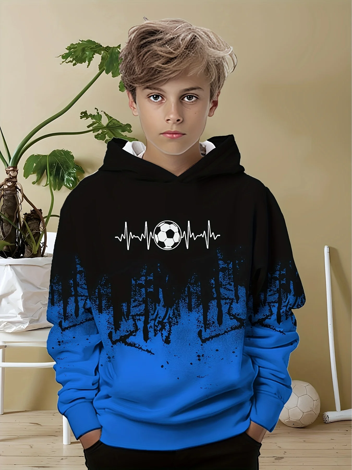 

3D Print Boys' Casual Football Print Hoodie - Trendy & Versatile Long Sleeve Pullover for Spring/Fall