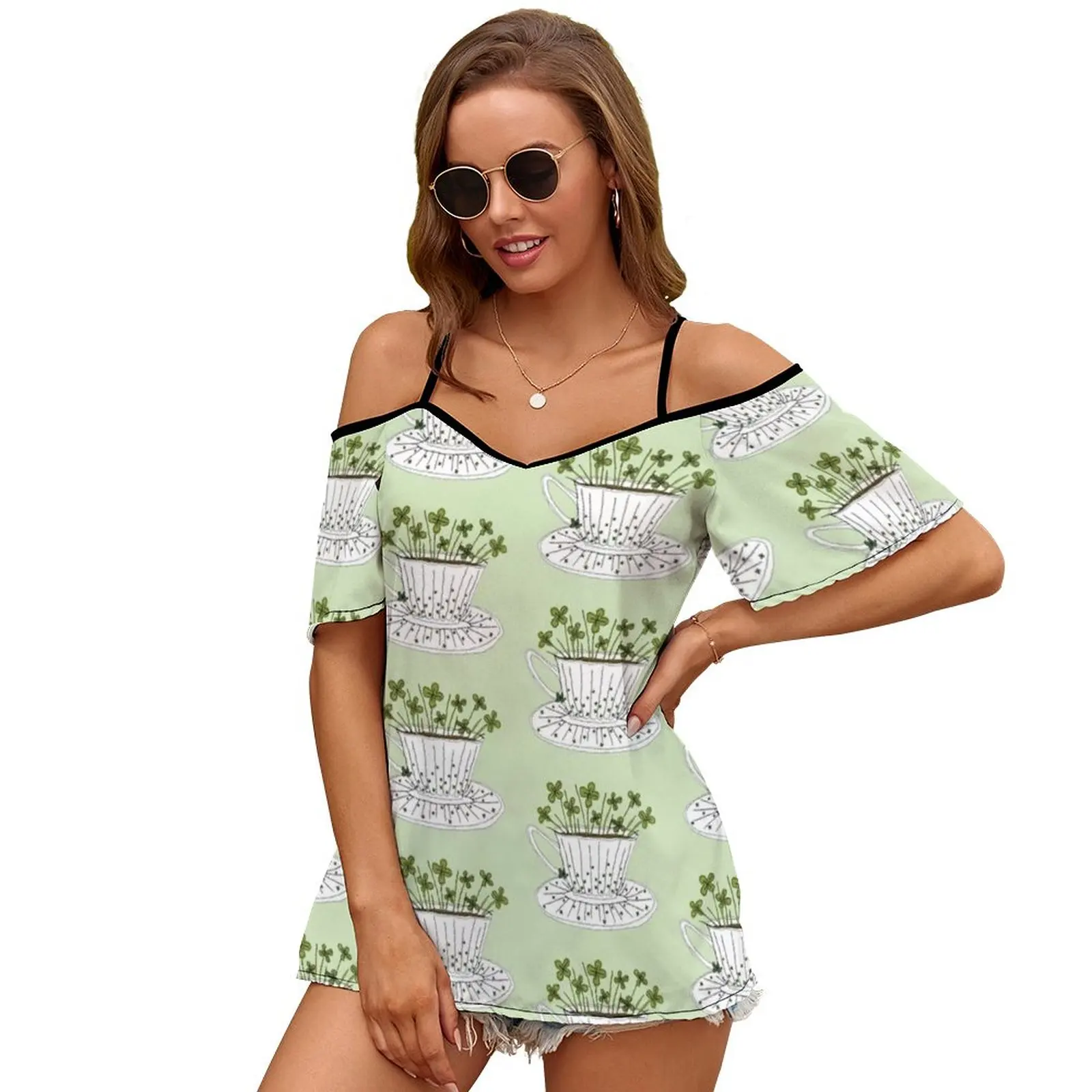 Lucky Cup Of Clovers Slit Sleeve Cold Shoulder Print Women T Shirt Casual Summer Tee Tshirt Loose Top Clover Teacup Cup Saucer