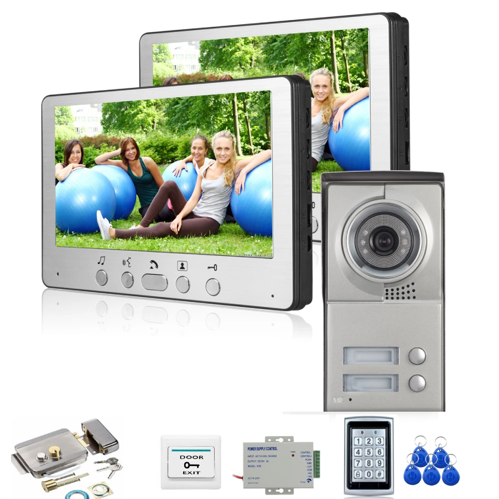 2 Units Apartment 4 Wire Video Door Phone Intercom systems 7 Inch Kit support Electronic Door Lock home Night Vision