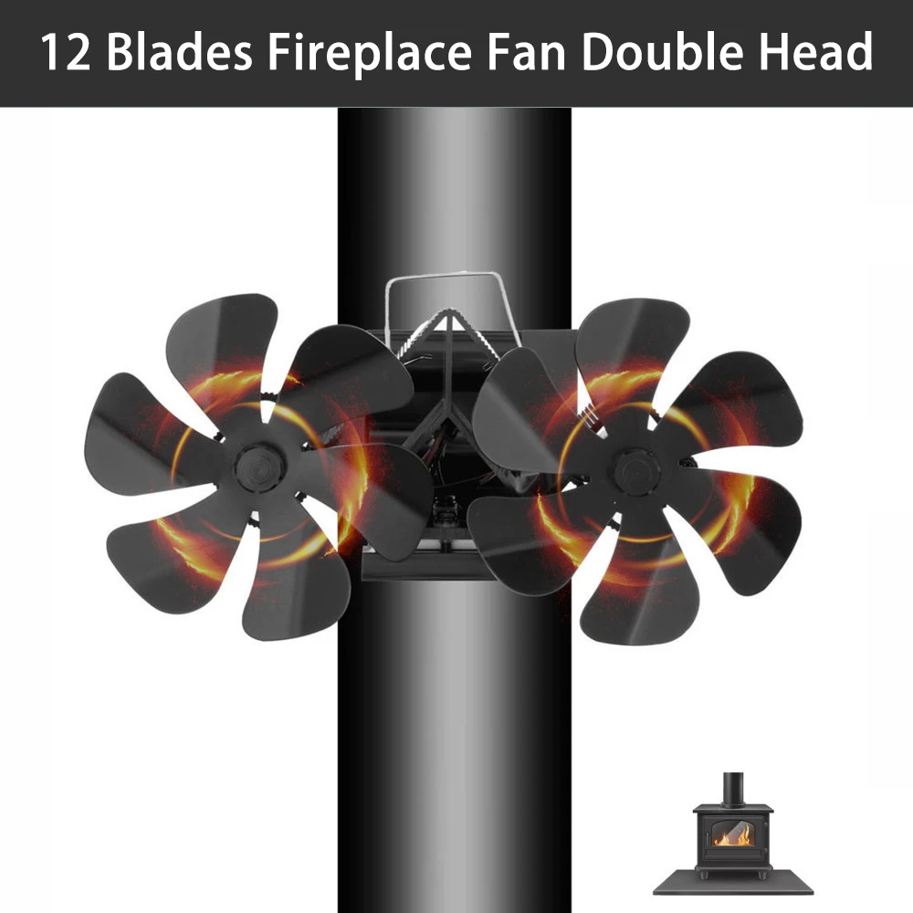 

12 Blades Wall-Mounted Heat Powered Stove Fan Fireplace Fan Double Head 12 Blade Furnace Fan Wall Mounted Unpowered Operation