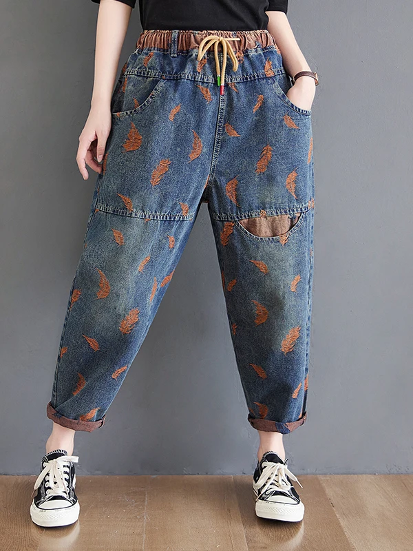 

plus Size Embroidered Denim Trousers Loose Fit High Waist Harlan Sle Women's Spring Faion Slimming Personali Jeans