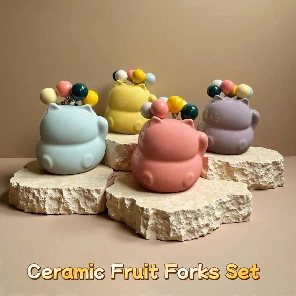 

Набор керамических вилок для фруктов в стиле мультяшного кота, однотонные десертные вилки в стиле Ins с банкой для хранения, удобная ручка, для дома