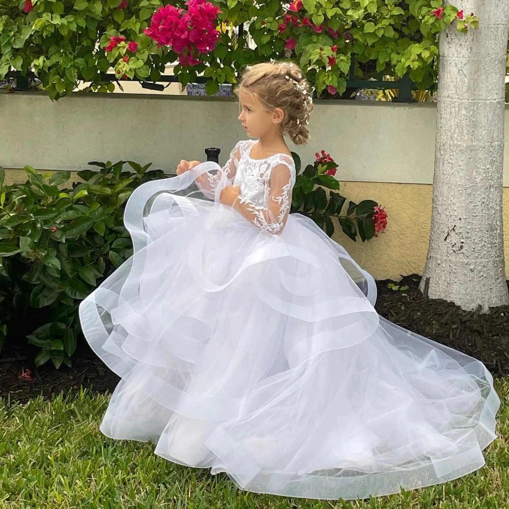 Weiße Spitze Blumen mädchen Kleid für Hochzeit geschwollene O-Ausschnitt Rüschen Tüll volle Ärmel Kinder Erstkommunion Kleid Ballkleider