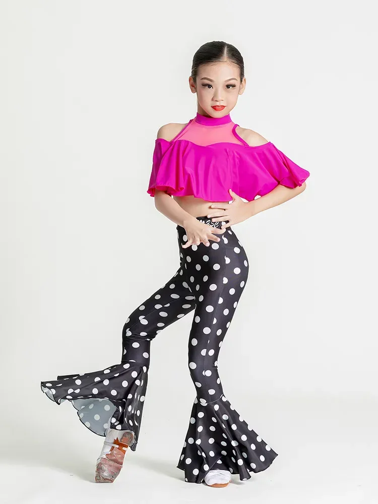 Kids Chacha Party Dancing Clothes Ruffled Top Flared Pants For Girls Ballroom Dance Competition Costume Practice Dresses