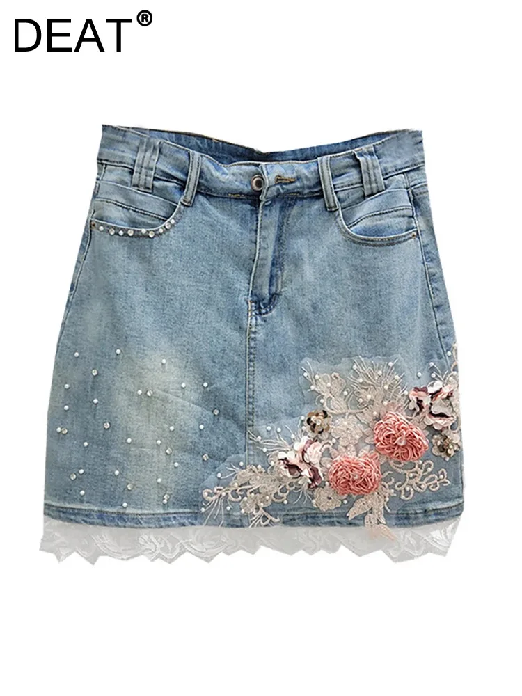 

DEAT Women's Denim Skirt High Waist Slim Spliced Flowers Lace Diamonds Wrap Hip Short Skirts 2024 Autumn New Fashion 29L7769